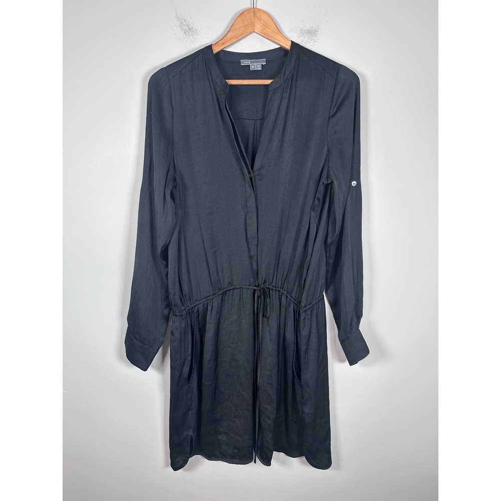 Vince Shirt Dress Women M Black Minimalist Quiet Luxury light roll tab sleve